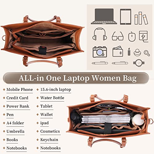 IGOLUMON Laptop Bag for Women 15.6 inch Waterproof Laptop Tote Work Bag Leather Computer Tote Briefcase Bag Office Professional Large Capacity Handbag School Shoulder Bag Brown - Image 2