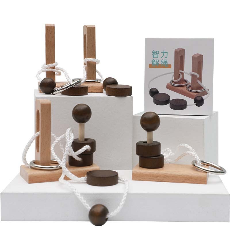 Wooden Topological Rope-Solving Educational Toy Column Series, Ring-Unlocking And Disassembly Fun Kongming Luban Lock - Image 1