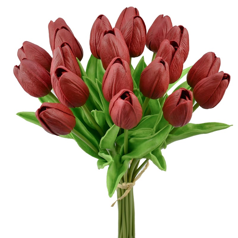 Mandy's Artificial Tulips 20 Stems Burgundy PU Faux Flowers for Valentine's Day and Easter Decorations Wedding Home Decor 13.5 Inch - Image 1