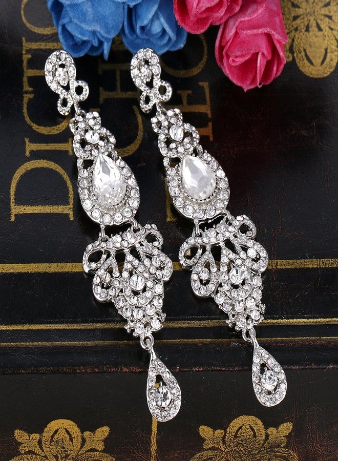 BriLove Women's Wedding Bridal Crystal Art Deco Long Chandelier Dangle Earrings Clear Silver-Tone - Image 3