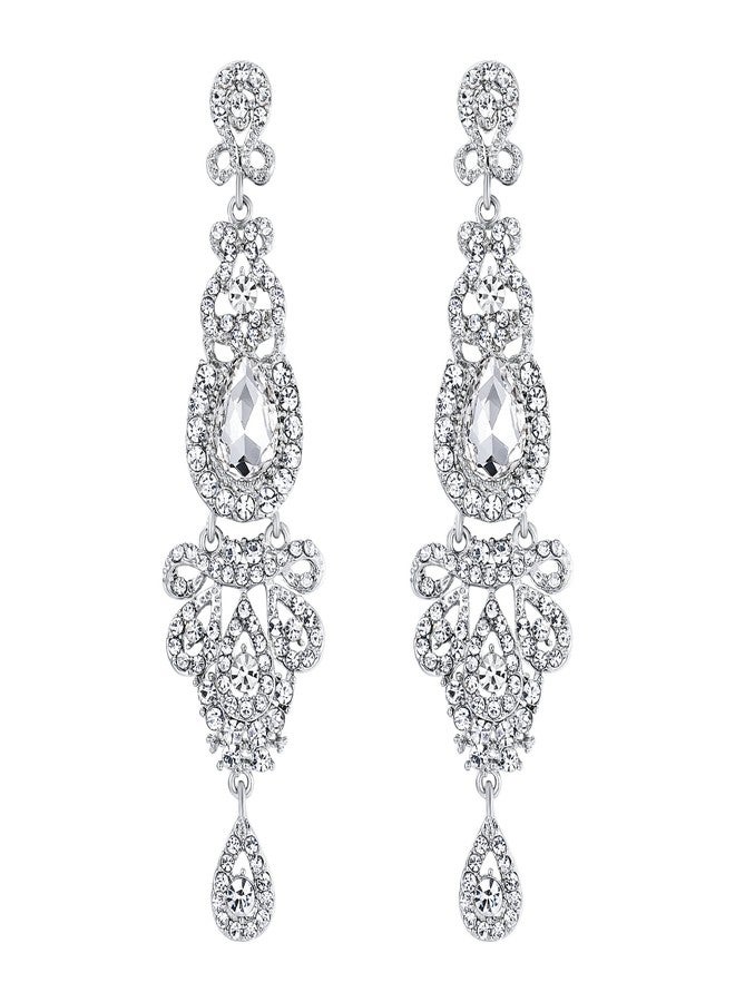 BriLove Women's Wedding Bridal Crystal Art Deco Long Chandelier Dangle Earrings Clear Silver-Tone - Image 1