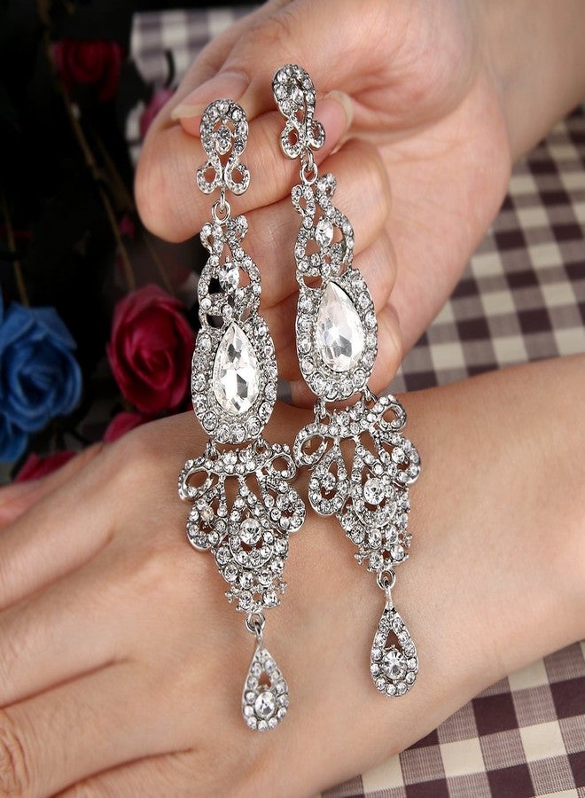 BriLove Women's Wedding Bridal Crystal Art Deco Long Chandelier Dangle Earrings Clear Silver-Tone - Image 4