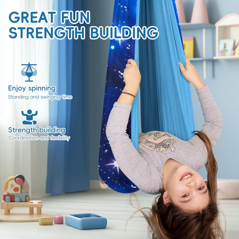 OUTREE Sensory Swing for Kids, Double Layer Therapy Hammock, Indoor Swing with 360Â° Swivel Hanger Kit and Adjustable Straps, Autism Sensory Product for Autism, ADHD (Blue Starry-Sky Printed) - Image 2