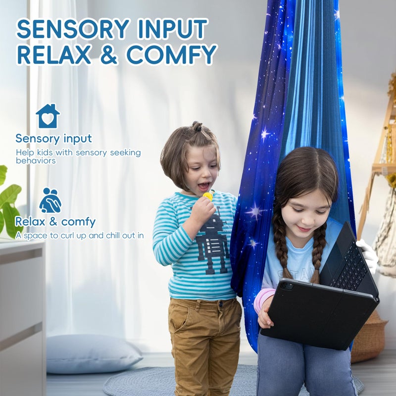 OUTREE Sensory Swing for Kids, Double Layer Therapy Hammock, Indoor Swing with 360Â° Swivel Hanger Kit and Adjustable Straps, Autism Sensory Product for Autism, ADHD (Blue Starry-Sky Printed) - Image 3