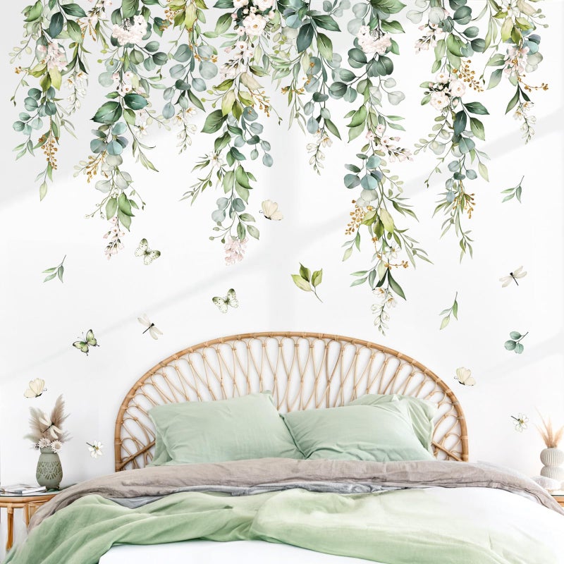 wondever Hanging Green Leaves Wall Decals Hanging Vines Plants Leaves Peel and Stick Wall Art Stickers for Bedroom Living Room TV Wall - Image 1