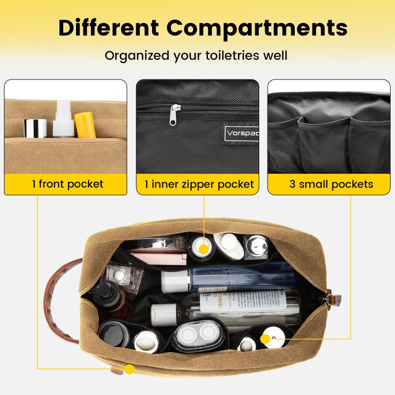Vorspack Toiletry Bag Hanging Dopp Kit for Men Water Resistant Canvas Shaving Bag with Large Capacity for Travel - Brown - Image 4