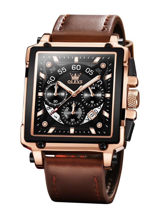 OLEVS Square Watches for Men Brown Leather Chronograph Fashion Business Watch Luminous Waterproof Casual Wrist Watches - Image 1