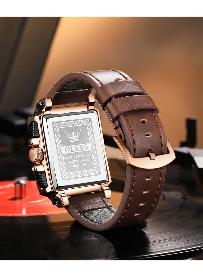 OLEVS Square Watches for Men Brown Leather Chronograph Fashion Business Watch Luminous Waterproof Casual Wrist Watches - Image 4