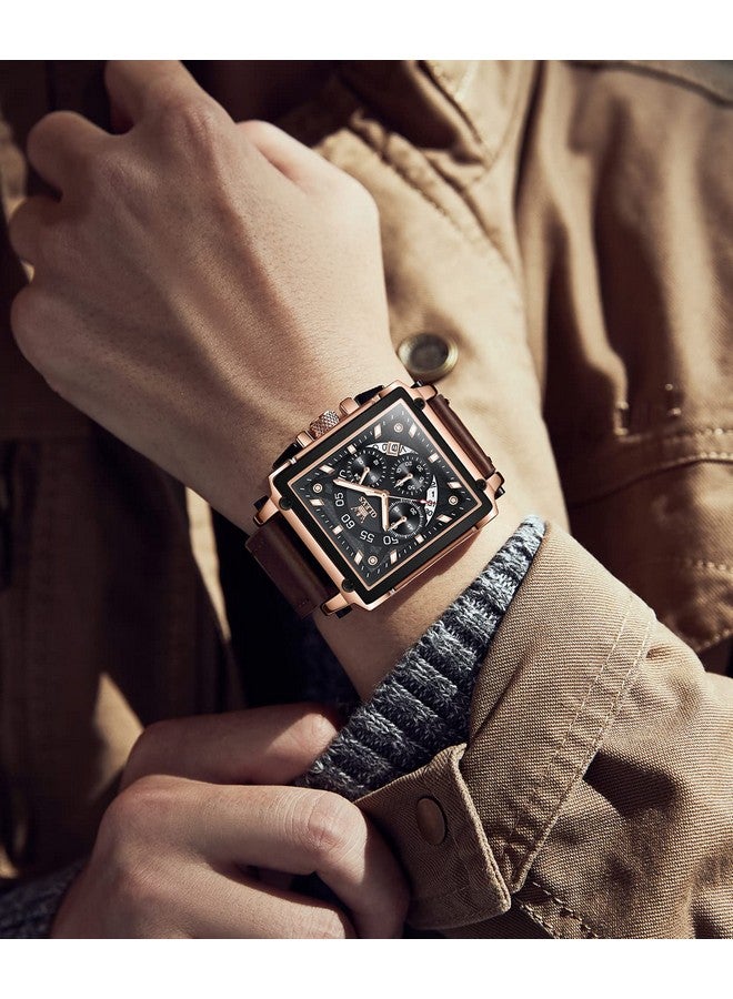 OLEVS Square Watches for Men Brown Leather Chronograph Fashion Business Watch Luminous Waterproof Casual Wrist Watches - Image 3