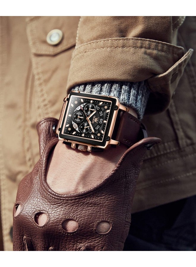 OLEVS Square Watches for Men Brown Leather Chronograph Fashion Business Watch Luminous Waterproof Casual Wrist Watches - Image 2