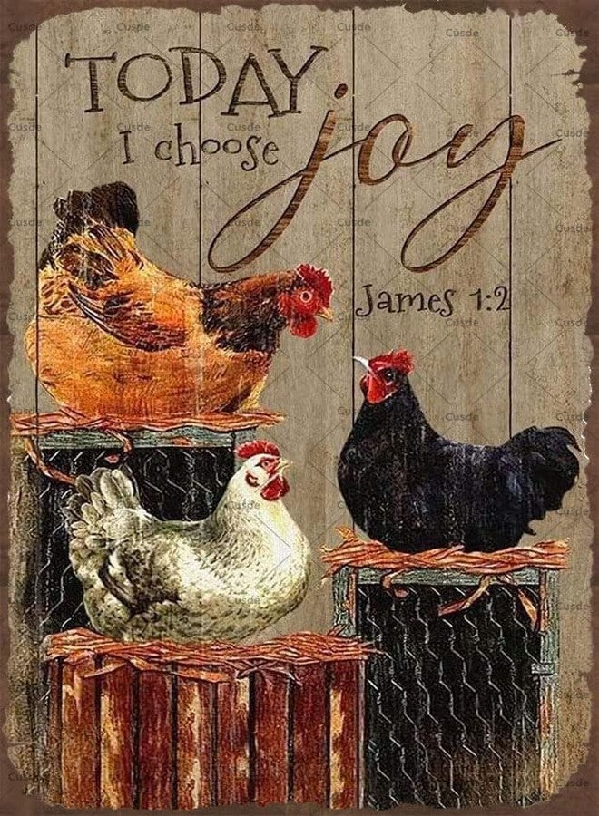 Cusde Chickens on Farm Today I Choose Joy Kitchen Metal Funny Tin Sign Bar Coffee Home Kitchen Room Art Wall Plaque Decor Gift Outdoor Indoor Retro Vintage Mural 8x12 inch - Image 1