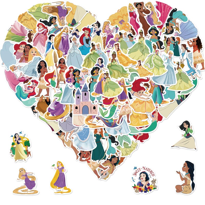Cannity 100PCS Disney Cartoon Princess Stickers for Water Bottles Laptop Luggage, Cute Stickers for Adults Teens Waterproof Vinyl Decals (H) - Image 1