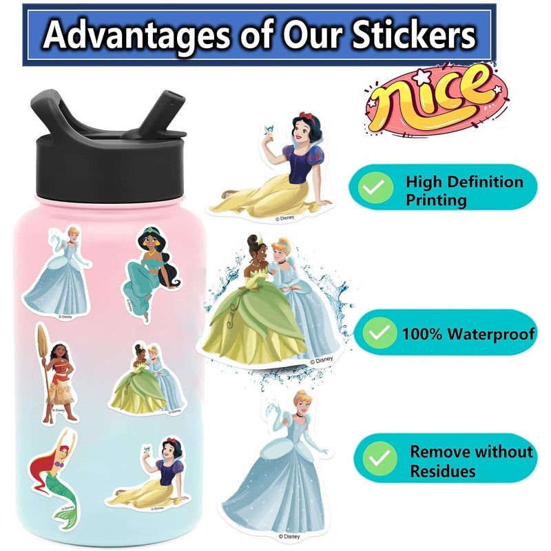 Cannity 100PCS Disney Cartoon Princess Stickers for Water Bottles Laptop Luggage, Cute Stickers for Adults Teens Waterproof Vinyl Decals (H) - Image 3