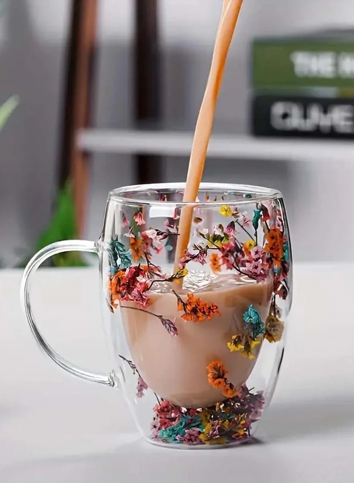 1Chase Multi-Color Borosilicate Double Wall Flower Glass Coffee Cups with Handle 350 ML (Set of 2)  | Best Price UAE