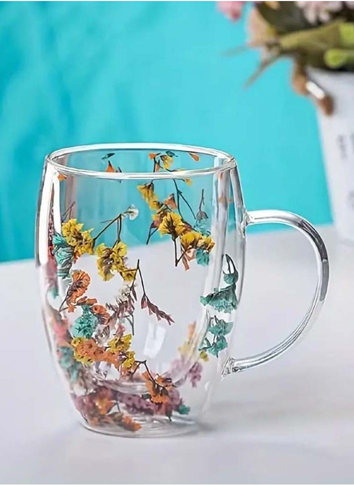 1Chase - Borosilicate Double Wall Flower Glass Coffee Cups with Handle 350 ML (Set of 2) - Image 1