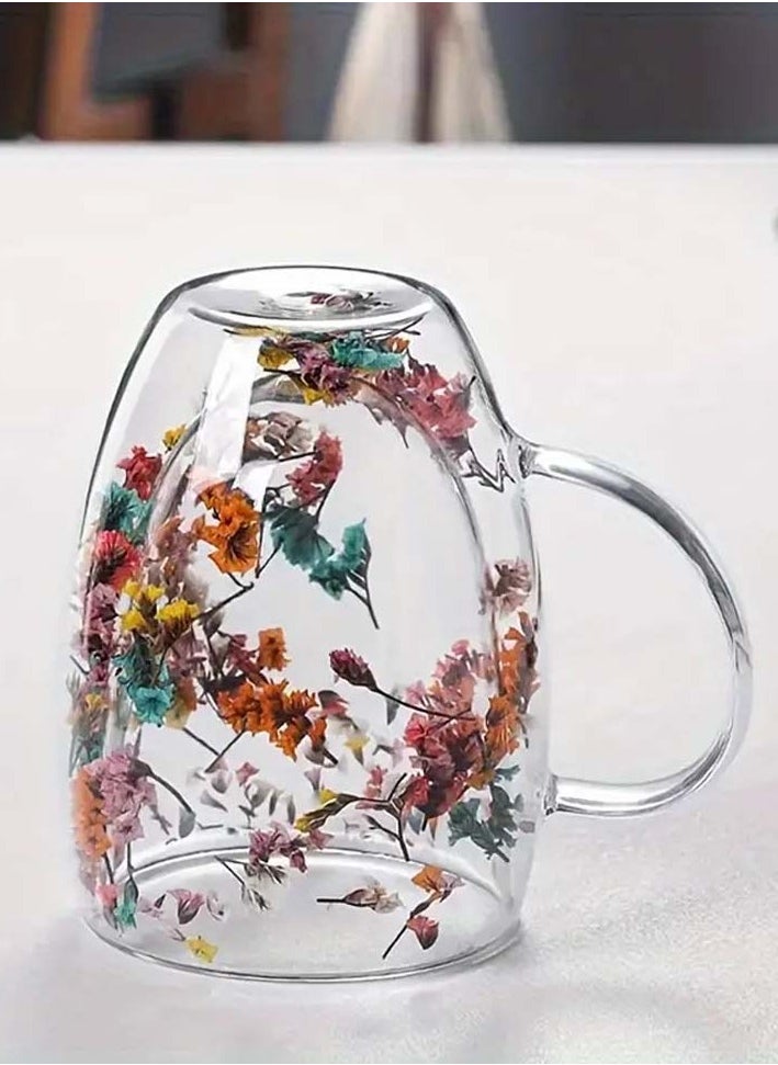 1Chase - Borosilicate Double Wall Flower Glass Coffee Cups with Handle 350 ML (Set of 2) - Image 1