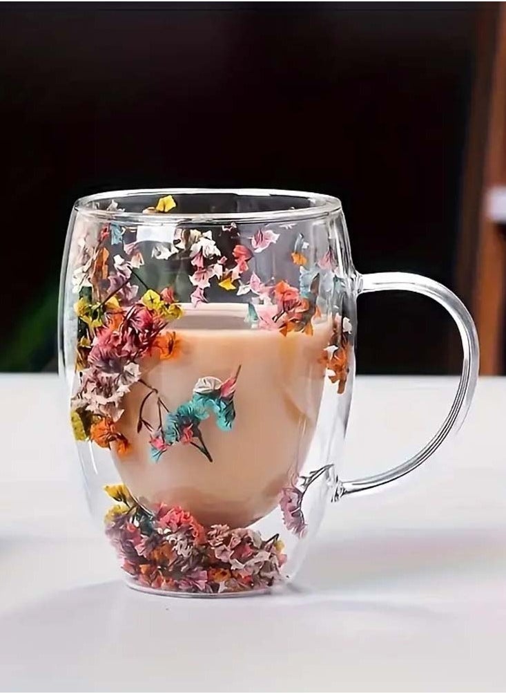 1Chase - Borosilicate Double Wall Flower Glass Coffee Cups with Handle 350 ML (Set of 2) - Image 1