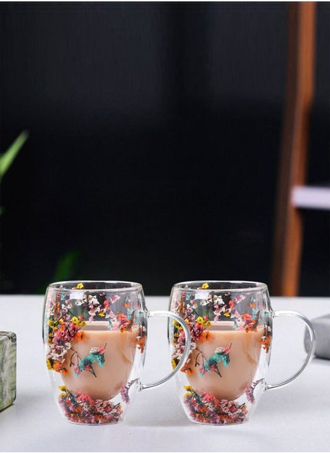 Borosilicate Double Wall Flower Glass Coffee Cups with Handle 350 ML (Set of 2)