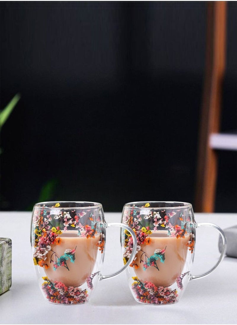 1Chase - Borosilicate Double Wall Flower Glass Coffee Cups with Handle 350 ML (Set of 2) - Image 1