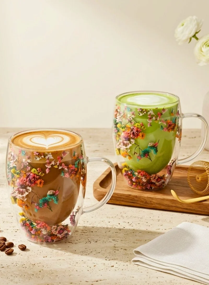 1Chase Borosilicate Double Wall Flower Glass Coffee Cups with Handle 350 ML (Set of 2)