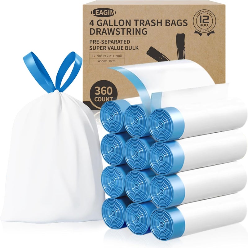 LEAGIM Small Trash Bags 4 Gallon, 360 Count -1.2 Mil Drawstring Mini Garbage Bags, Plastic White Trash Can Liners for Bathroom Accessories, 15 Liter, Bedroom, Dorm Room Essentials, Office - Image 1