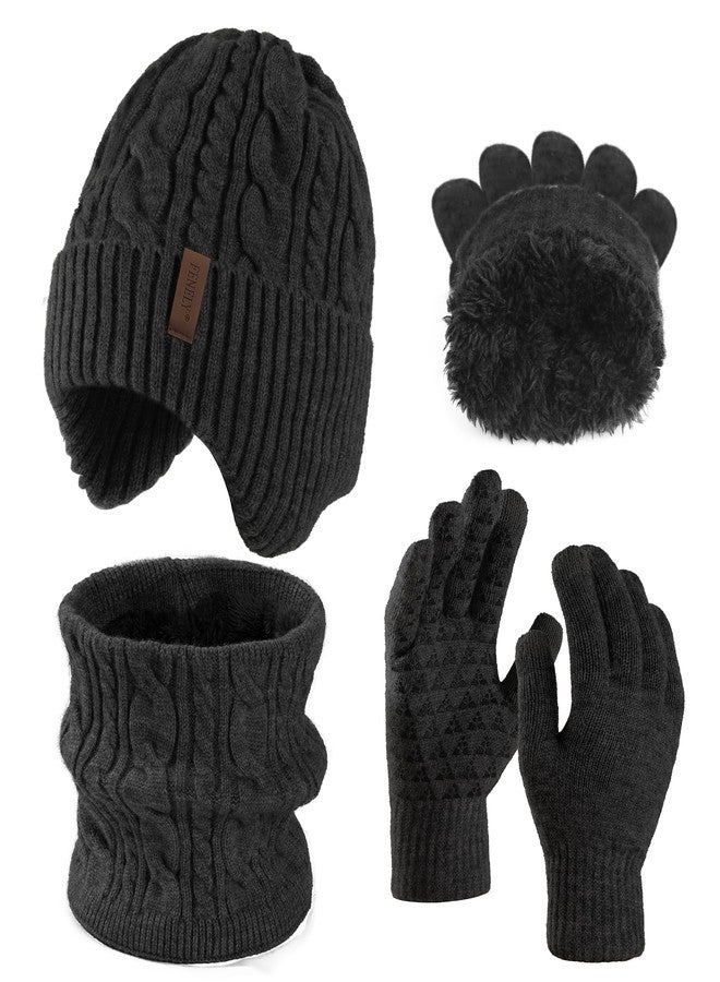 FENELY Men Winter Beanie Hat Touchscreen Gloves Neck Warmer 3 in 1 Set with Fleece Lined, Classic Black, One size - Image 1
