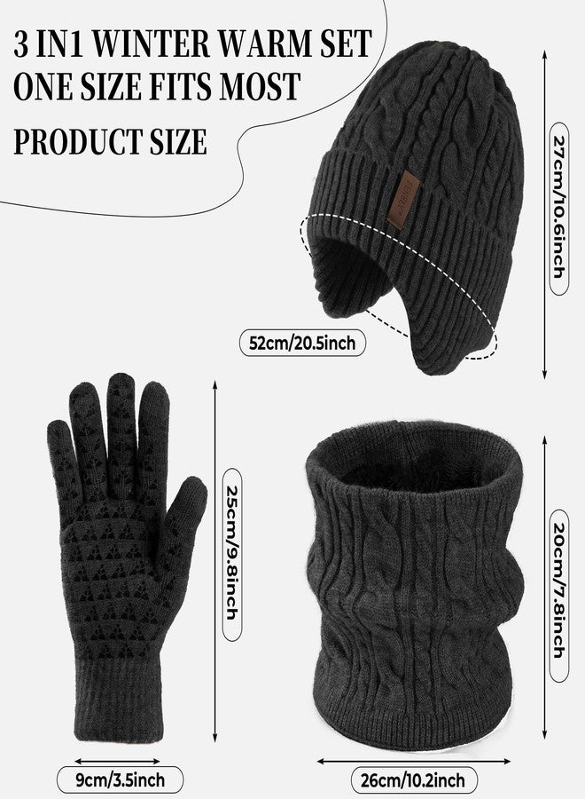 FENELY Men Winter Beanie Hat Touchscreen Gloves Neck Warmer 3 in 1 Set with Fleece Lined, Classic Black, One size - Image 2