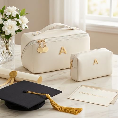 CLOUDWINGS Birthday Gifts for Women Teen Girl Personalized Initial Makeup Organizer Bag Set Open Flat Travel Cosmetic Bag With Clear Divider and HandleBeigeA - Image 3