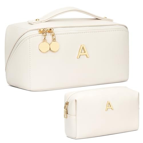 CLOUDWINGS Birthday Gifts for Women Teen Girl Personalized Initial Makeup Organizer Bag Set Open Flat Travel Cosmetic Bag With Clear Divider and HandleBeigeA - Image 1