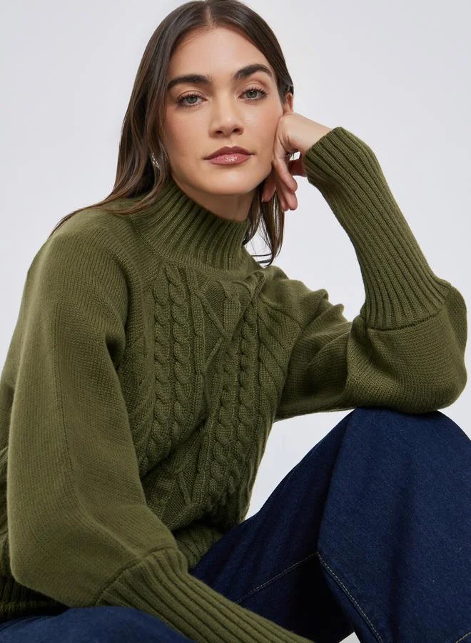 Styli Olive Regular Fit Cable Knit Sweater