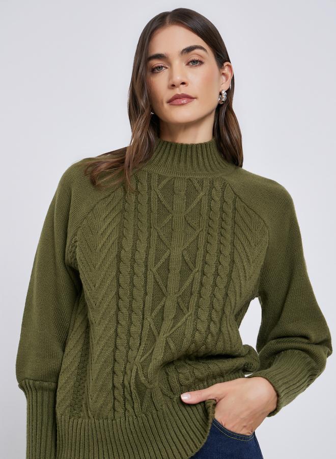 Styli Olive Regular Fit Cable Knit Sweater - Image 1