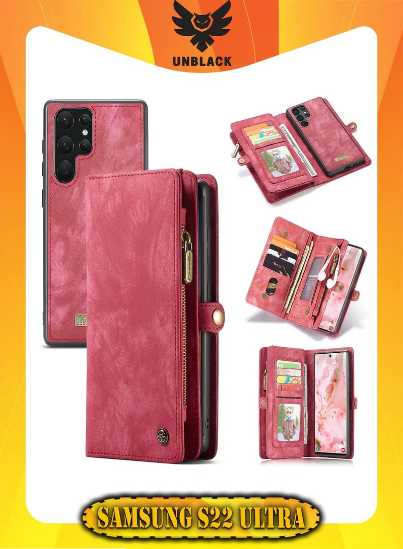 CaseMe Protective Phone Cover Case Wallet Case For Samsung Galaxy 22 Ultra, 2 in 1 Detachable Premium Leather Magnetic Zipper Pouch Wristlet Flip Phone Case (Pink)  - Image 1