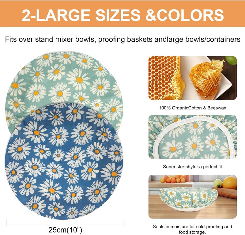 BERBAM Reusable Bowl Covers for Bread Proofing（2 Large）- Cotton Beeswax Bowl Covers Reusable with Elastic Rim, Sourdough Bowl Cover for Food Storage and Food Preservation (10INCH) (daisy) - Image 2