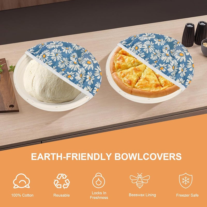 BERBAM Reusable Bowl Covers for Bread Proofing（2 Large）- Cotton Beeswax Bowl Covers Reusable with Elastic Rim, Sourdough Bowl Cover for Food Storage and Food Preservation (10INCH) (daisy) - Image 3