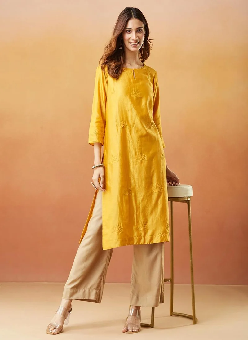 فاب انديا Yellow Cotton Silk Regular Fit Long Kurta