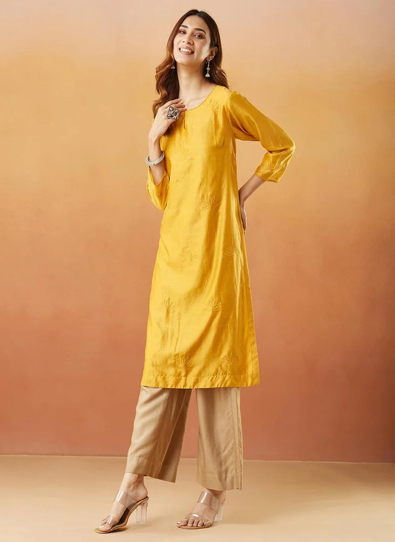 Fabindia Yellow Cotton Silk Regular Fit Long Kurta