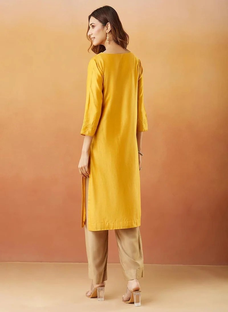 Fabindia Yellow Cotton Silk Regular Fit Long Kurta