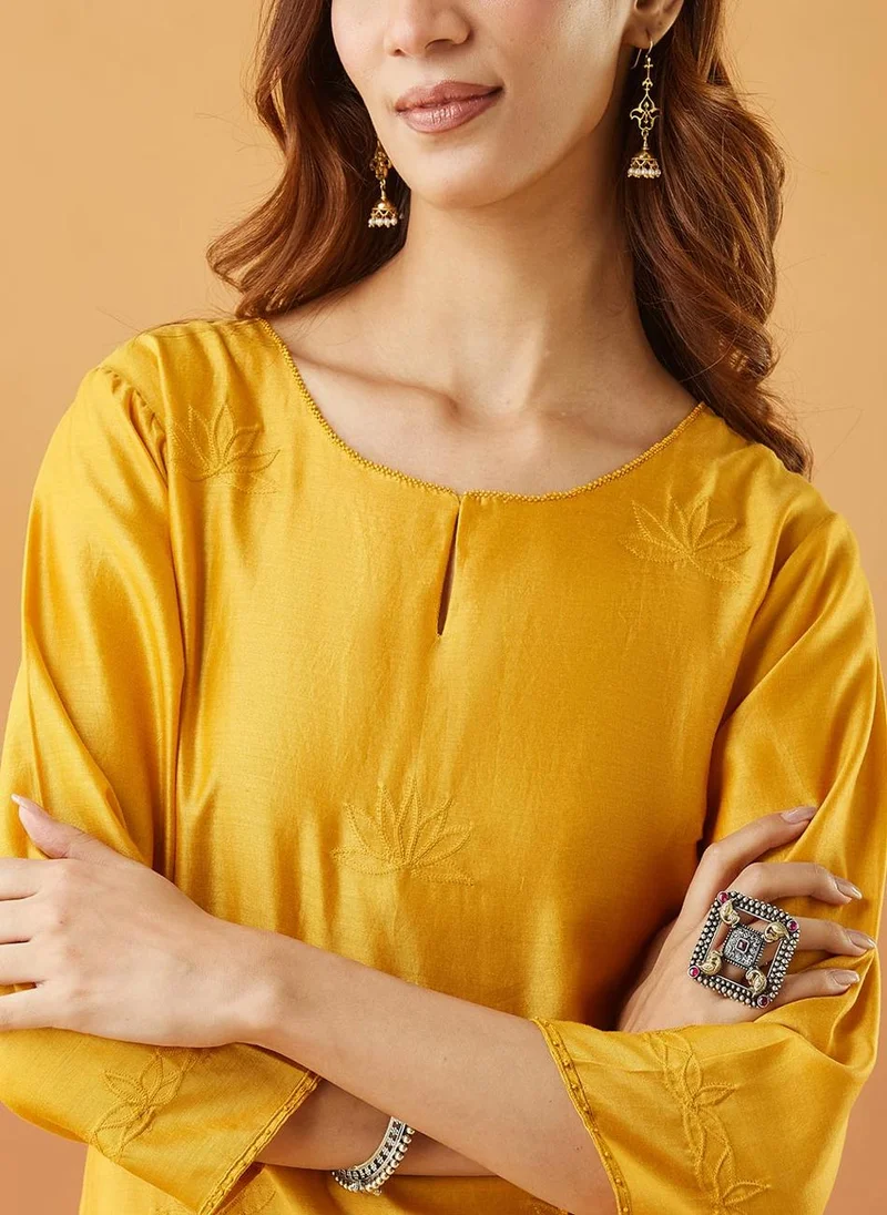Fabindia Yellow Cotton Silk Regular Fit Long Kurta
