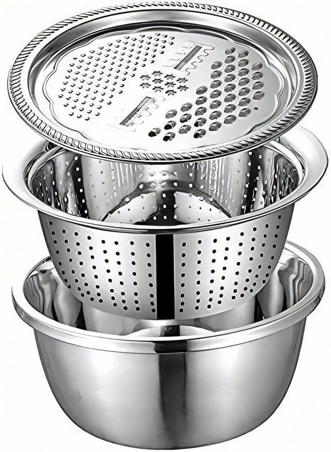 EVK® 3 in 1 Multipurpose Strainer Drainer Cutter Colander | Stainless Steel Cheese Grater & Salad Maker | Kitchen Drain Basket Set for Washing Fruits and Vegetables | 1 Piece - Image 1