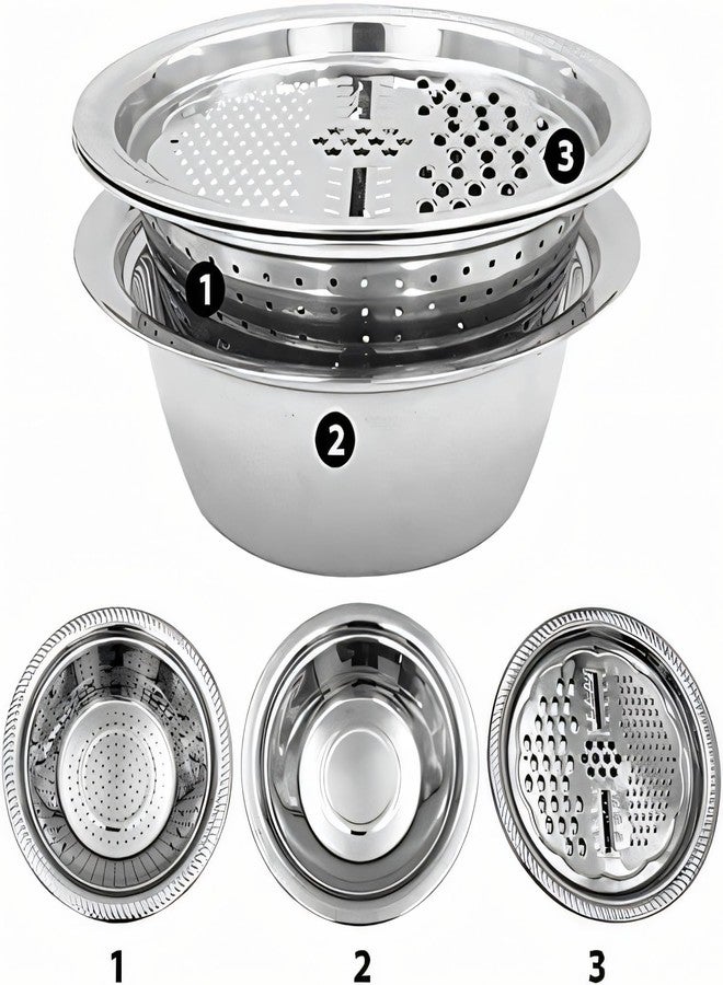 EVK® 3 in 1 Multipurpose Strainer Drainer Cutter Colander | Stainless Steel Cheese Grater & Salad Maker | Kitchen Drain Basket Set for Washing Fruits and Vegetables | 1 Piece - Image 2