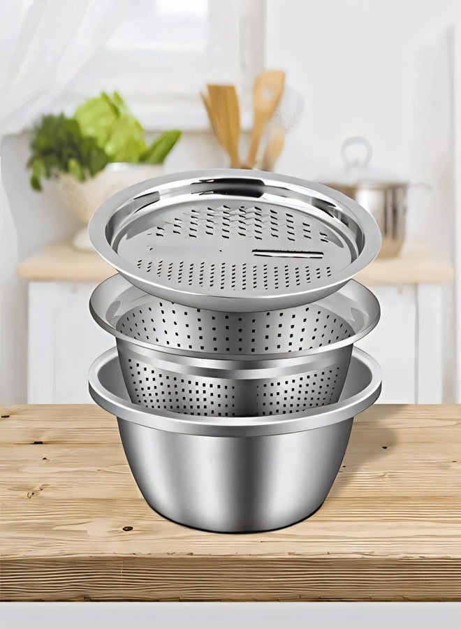 EVK® 3 in 1 Multipurpose Strainer Drainer Cutter Colander | Stainless Steel Cheese Grater & Salad Maker | Kitchen Drain Basket Set for Washing Fruits and Vegetables | 1 Piece - Image 3