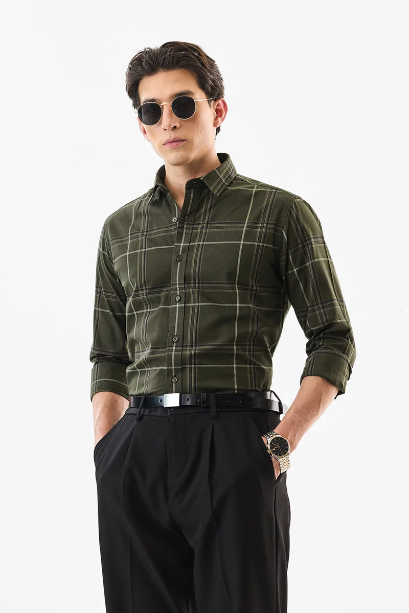 SNITCH Olive Green Checkered Long Sleeve Slim Fit Formal Luxe Shirt