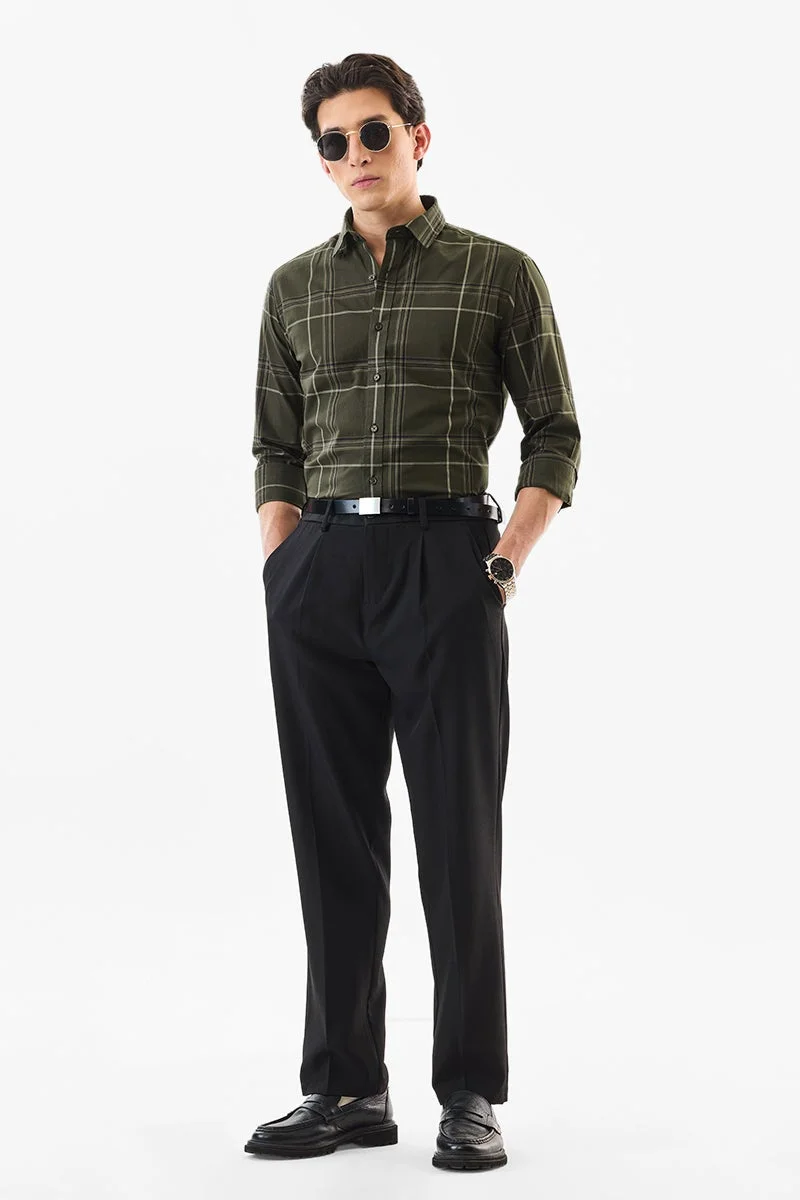 SNITCH Olive Green Checkered Long Sleeve Slim Fit Formal Luxe Shirt