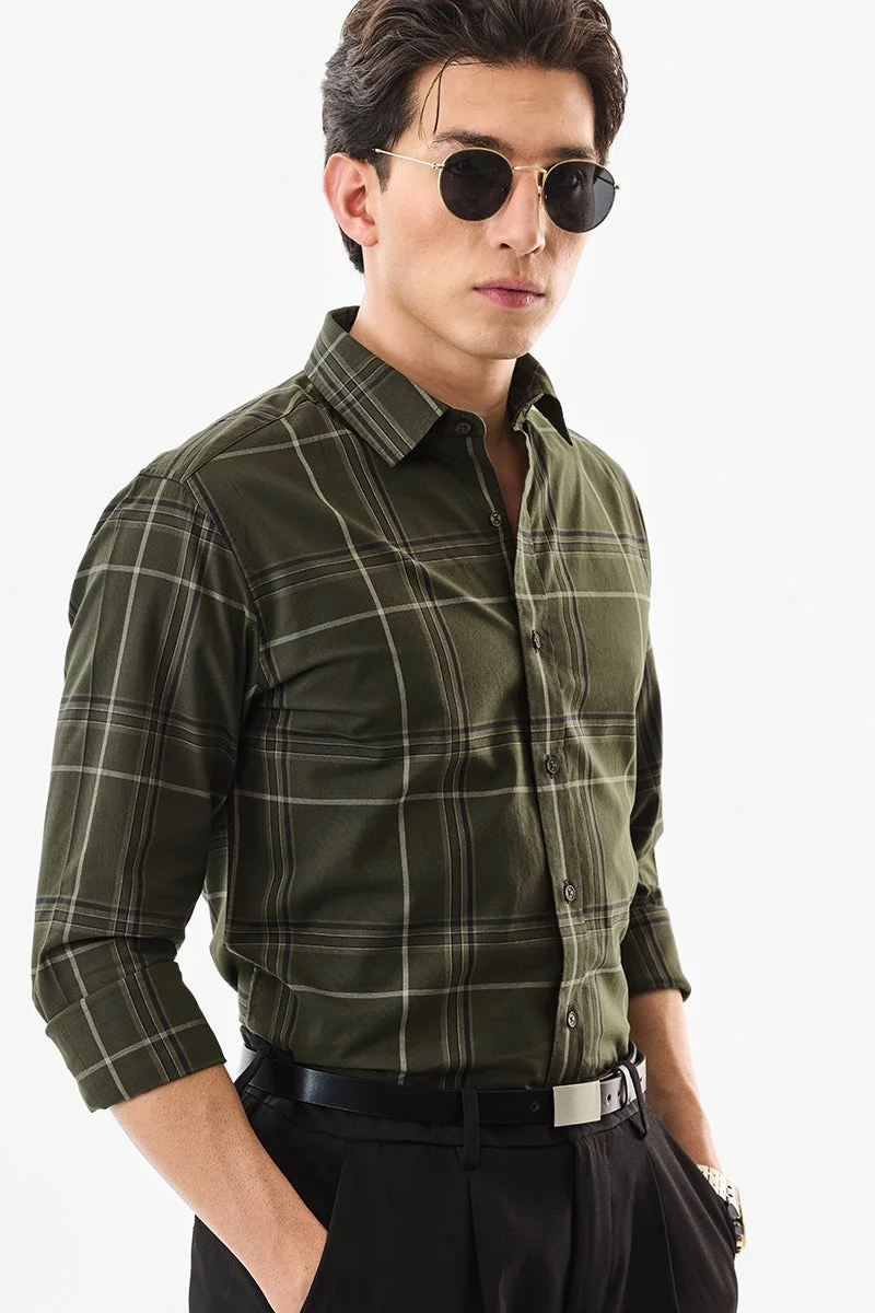 سنيتش Olive Green Checkered Long Sleeve Slim Fit Formal Luxe Shirt
