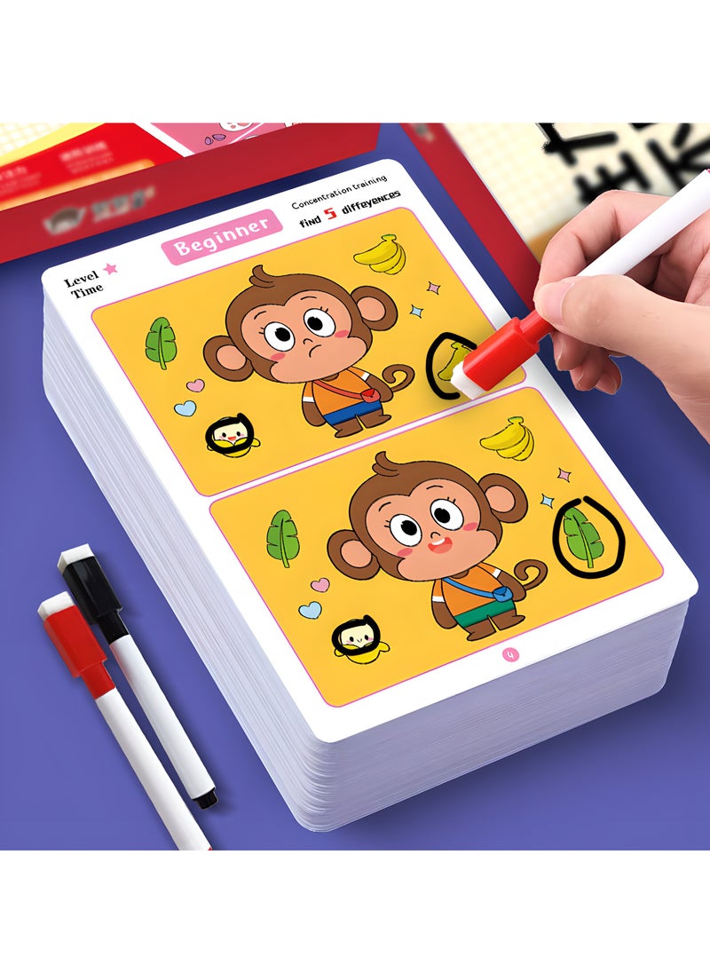 LIXADA A Fun Focus Training Game Where You Find The Differences in Pictures, Educational Materials That Allow You to Identify The Discrepancies, And Erasable Picture Cards. Fun game for Kids Age 3-6 (Pen& Eraser colors random)  - Image 2