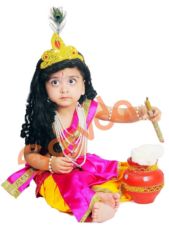 Sarvda Brocade Shree Krishna Dress For Kids For Baby Boy Radha Dress For Girls With Accessories Dhoti, Dupatta, Mukut Flute Complete Set, Multicolor - Image 3