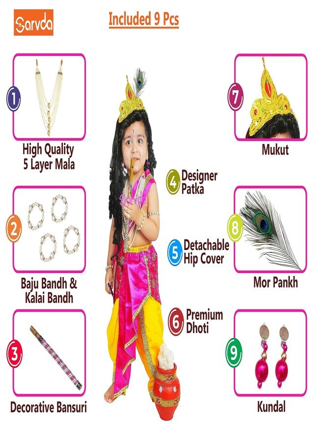 Sarvda Brocade Shree Krishna Dress For Kids For Baby Boy Radha Dress For Girls With Accessories Dhoti, Dupatta, Mukut Flute Complete Set, Multicolor - Image 4