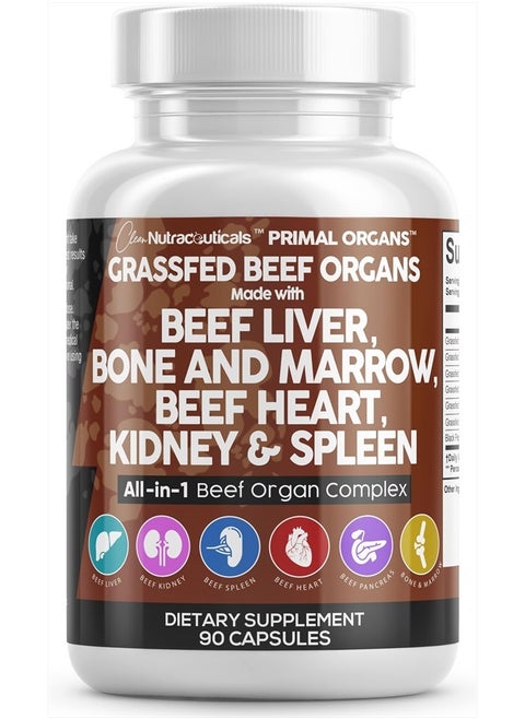 Grass Fed Beef Liver Capsules 3000mg - Premium Quality Supplement Packed with Desiccated, Beef Heart, Beef Spleen, Beef Pancreas Plus Bone & Marrow Dao Enzyme Pills - USA Made