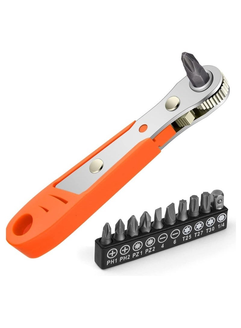 Mini Ratchet Wrench, Right Angle Magnetic Screwdriver for Tight Spaces, with 0.6cm Drive, High Torque Offset, Reversible Mini Ratcheting Offset Screwdriver, with Screwdriver Bits Set (Orange) - Image 1