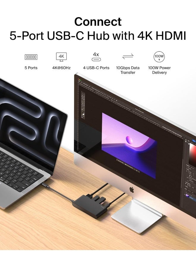بيلكين محور USB-C، محور 5 منافذ مع عرض 4K HDMI @ 60Hz، توصيل طاقة 100W، نقل بيانات سريع 10Gbps، محول متعدد المنافذ USB-C - متوافق مع MacBook و iPad Pro و Chromebook والمزيد - Image 2